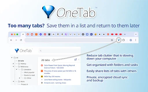 ดาวน์โหลด OneTab ล่าสุด – จัดระเบียบแท็บ ประหยัด RAM สูงสุด 95% - Screenshot 1