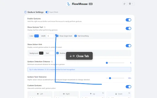 FlowMouse: ส่วนขยาย Mouse Gestures ที่ลื่นไหลและปลอดภัยที่สุดสำหรับ Chrome - Screenshot 1