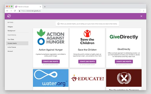 ดาวน์โหลด Tab for a Cause ฟรี – เปลี่ยนแท็บเบราว์เซอร์เป็นเงินบริจาคการกุศล - Screenshot 4