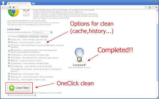 OneClick Cleaner สำหรับ Chrome – ล้างแคชและประวัติเพื่อความเร็วสูงสุด - Screenshot 2