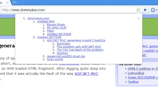 ดาวน์โหลด HTML5 Outliner ส่วนขยาย Chrome – จัดระเบียบโครงสร้างหน้าเว็บฟรี - Screenshot 1