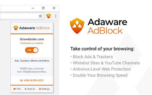 Adaware AdBlock ดาวน์โหลดฟรี – ปิดโฆษณาและเพิ่มความเร็วเบราว์เซอร์ - Screenshot 1