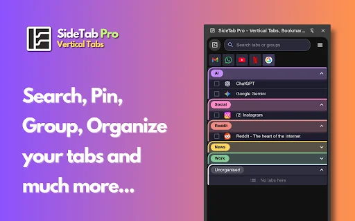SideTab Pro: จัดการแท็บแนวตั้ง บุ๊กมาร์ก และรายการอ่านให้เป็นระเบียบ - Screenshot 1